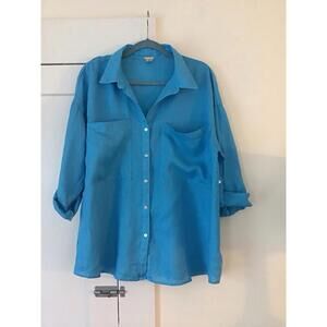 Magaschoni Womens Top Turquoise 100% Linen Oversized Button Down Shirt